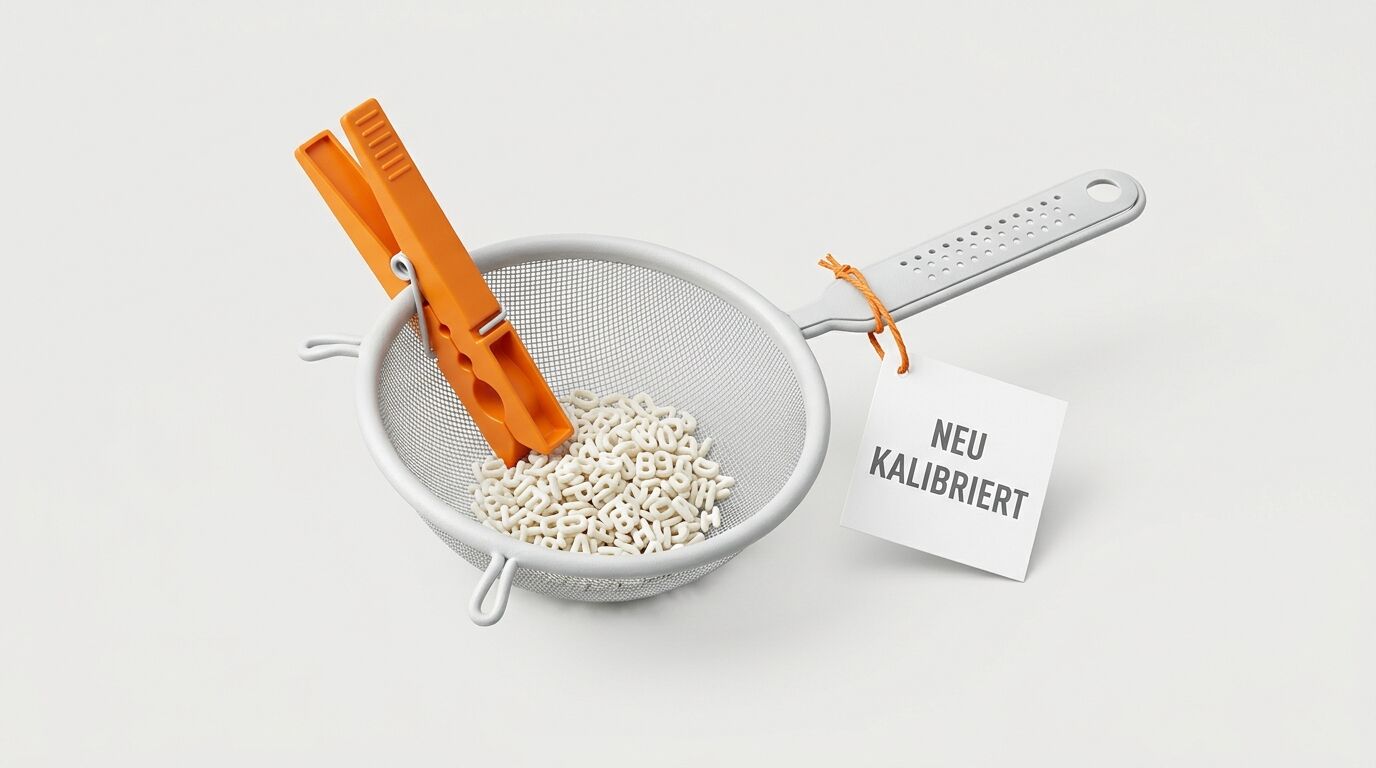 Ein Sieb mit Buchstaben-Suppe, orange Wäscheklammer und ein Schildchen 