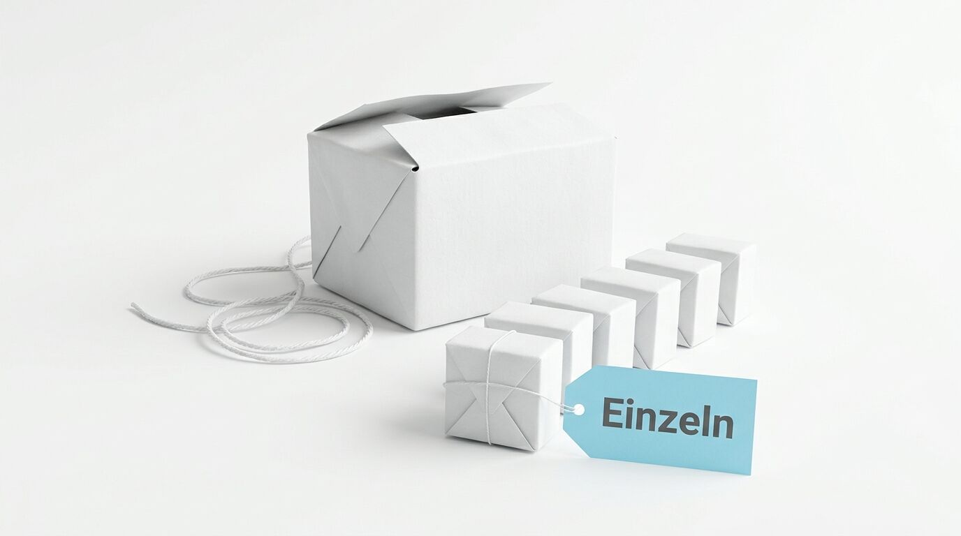 Karton, sechs Päckchen und ein blaues Etikett mit der Aufschrift „Einzeln“ auf weißem Grund