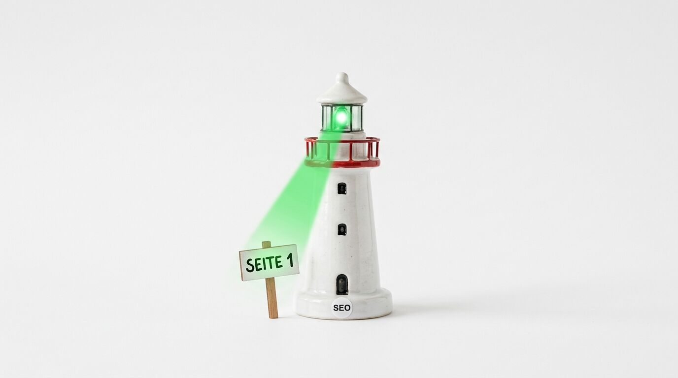 Leuchtturm-Modell mit „SEO“-Aufschrift beleuchtet Schild mit „SEITE 1“ grün vor weißem Grund