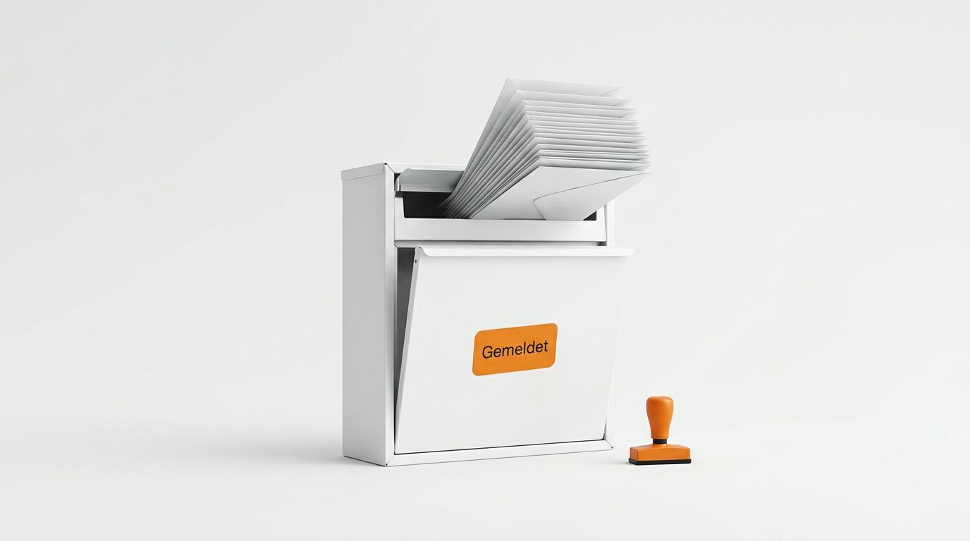 Briefkasten mit gestapelten Briefen, Stempel und Aufkleber „Gemeldet“ vor weißem Hintergrund