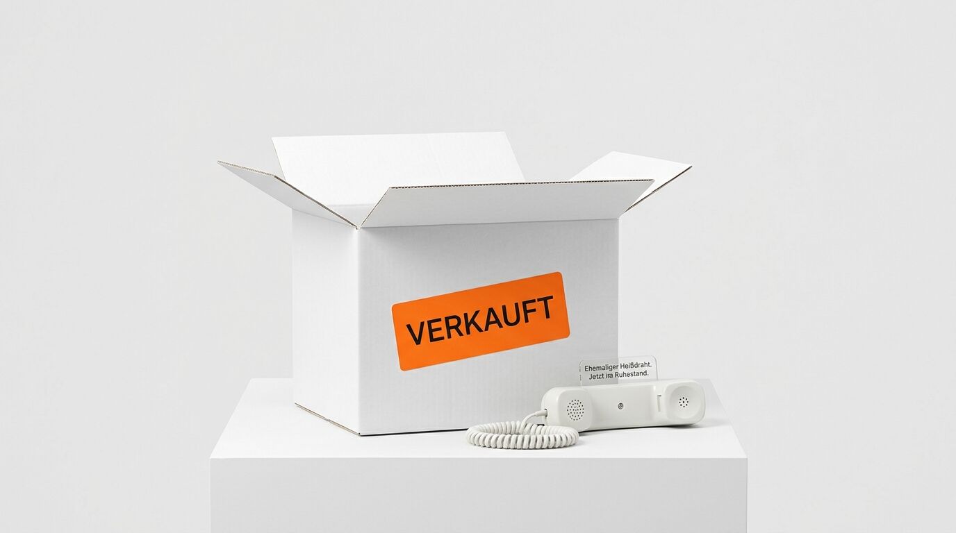 Karton mit „VERKAUFT“-Aufkleber neben einem Telefonhörer auf einem Sockel