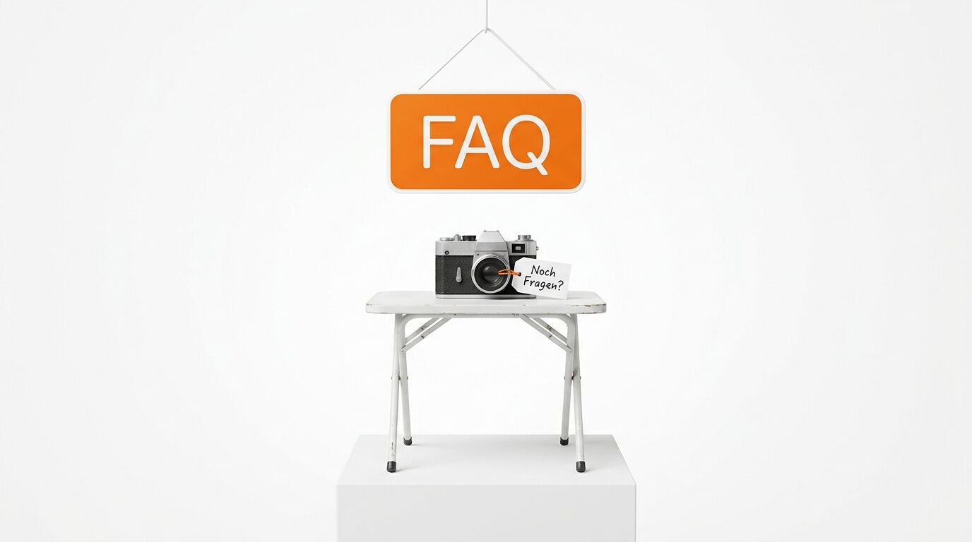 Kamera auf Tisch, darüber ein orangefarbenes Hängeschild mit der Aufschrift FAQ