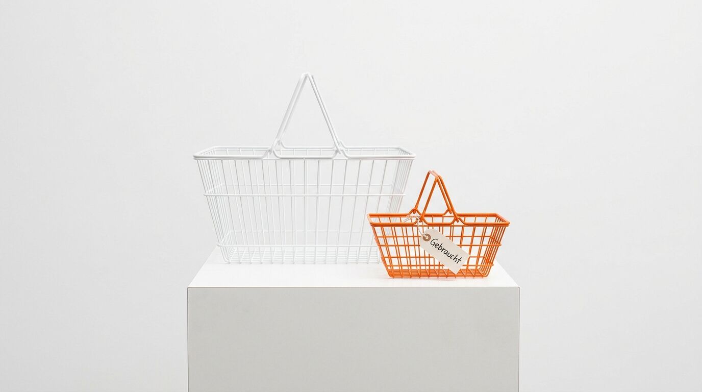 Ein weißer und ein orangefarbener Einkaufskorb auf einem weißen Podest vor weißem Hintergrund
