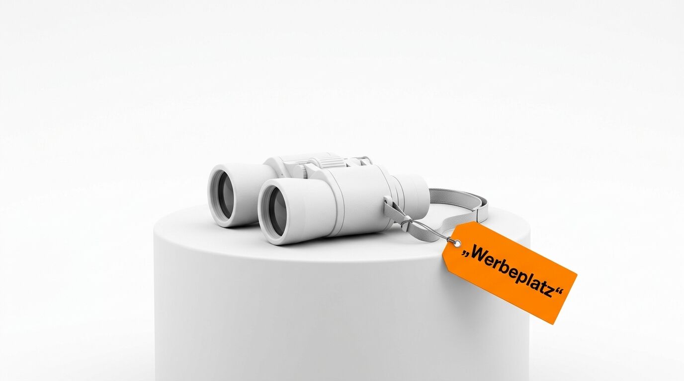 Weißes Fernglas auf Podest mit orangefarbenem Schild „Werbeplatz“