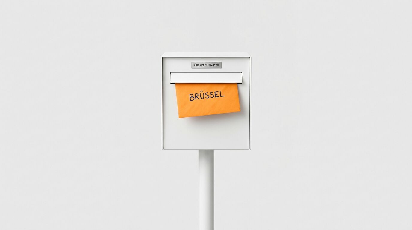 Weißer Briefkasten mit orangefarbenem Umschlag im Einwurf, beschriftet mit „BRÜSSEL“