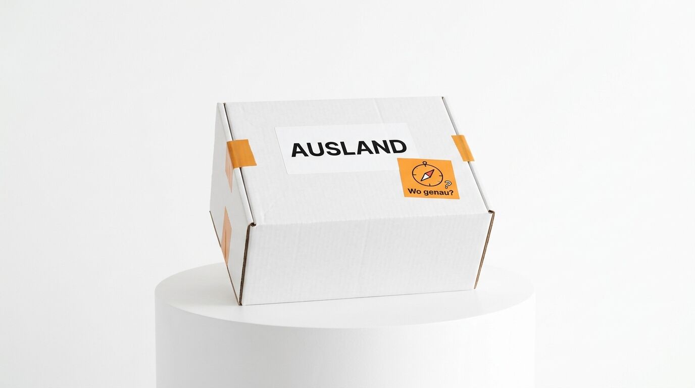 Weiße Box mit Aufklebern „AUSLAND“ und Kompass-Motiv auf weißem Sockel