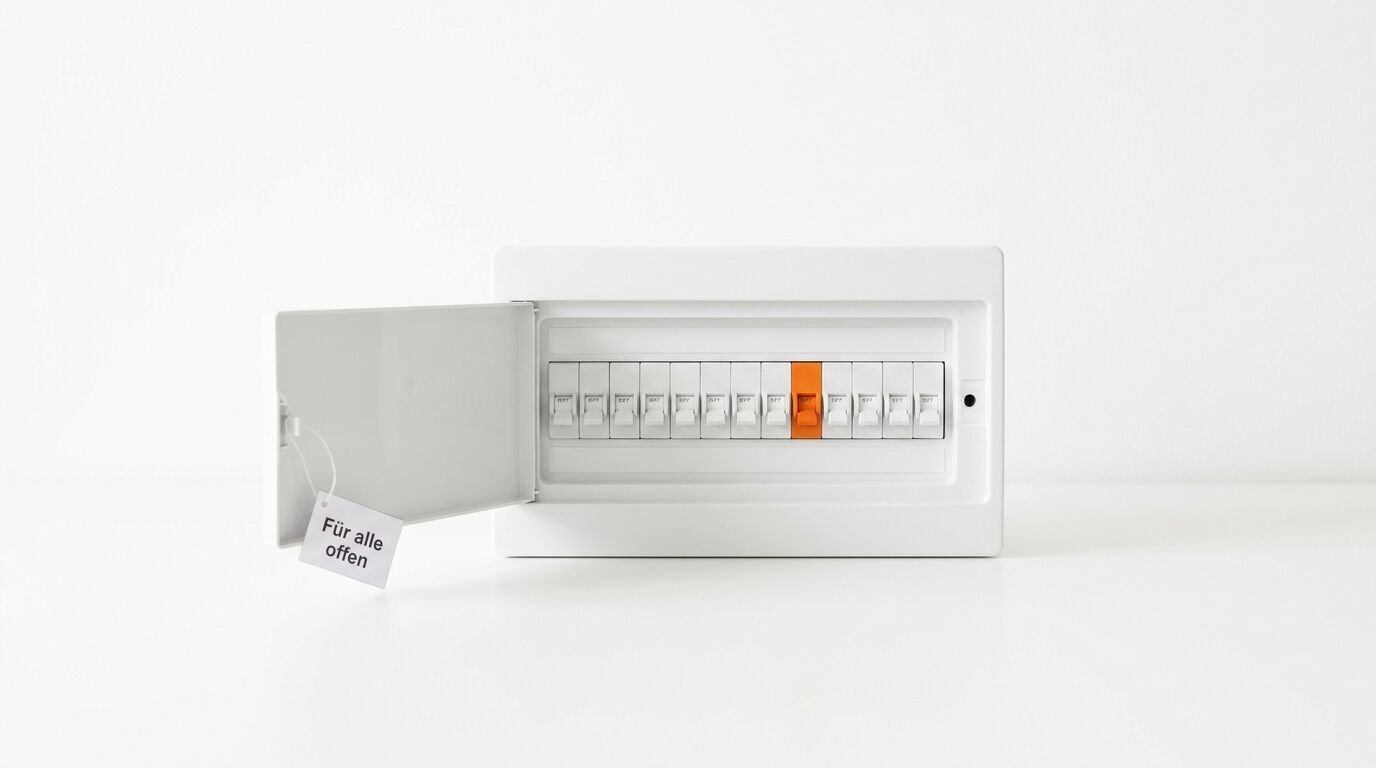 Sicherungskasten mit einem orangefarbenen Schalter und einem Anhänger 