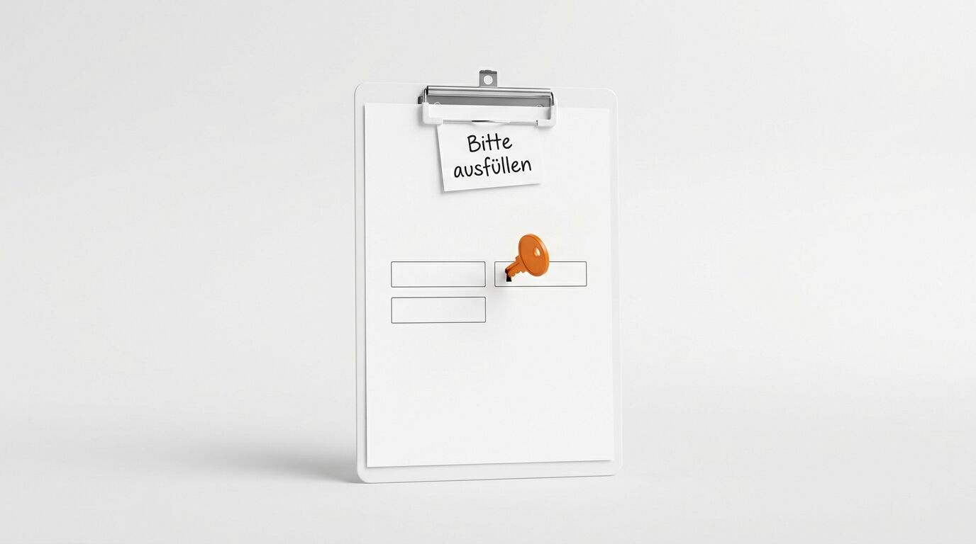 Klemmbrett mit Formularfeldern, Schlüssel in einem Feld, Zettel „Bitte ausfüllen“