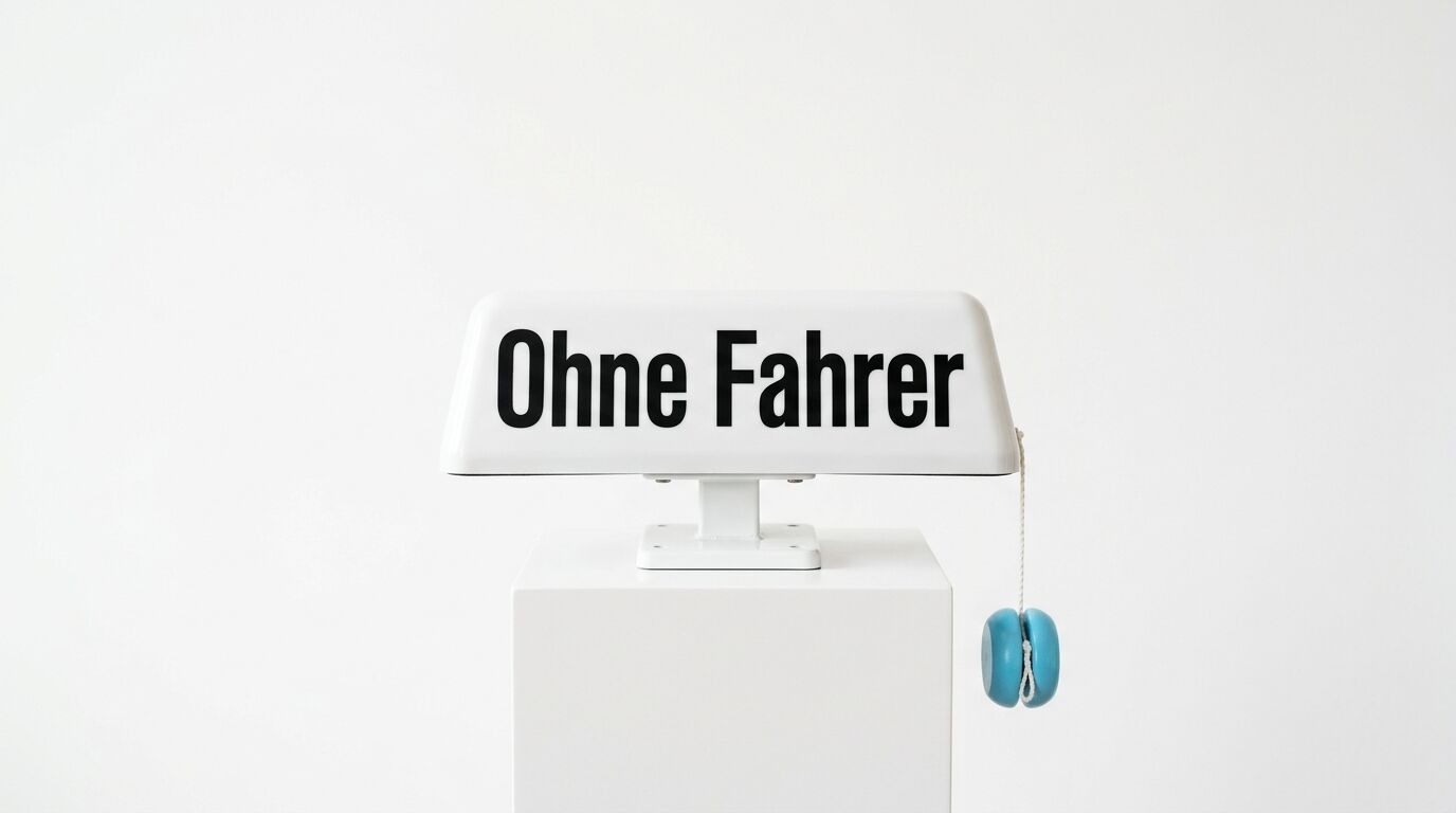 Ein weißes Taxi-Dachschild mit Aufschrift „Ohne Fahrer“ und einem hängenden Yo-Yo daneben