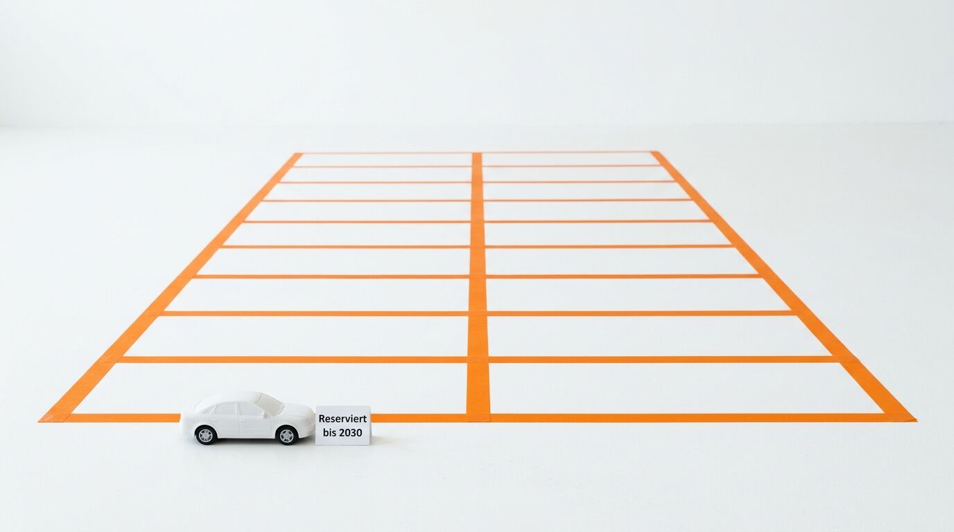 Modellparkplatz mit orangen Linien, Modellauto und Schild „Reserviert bis 2030“
