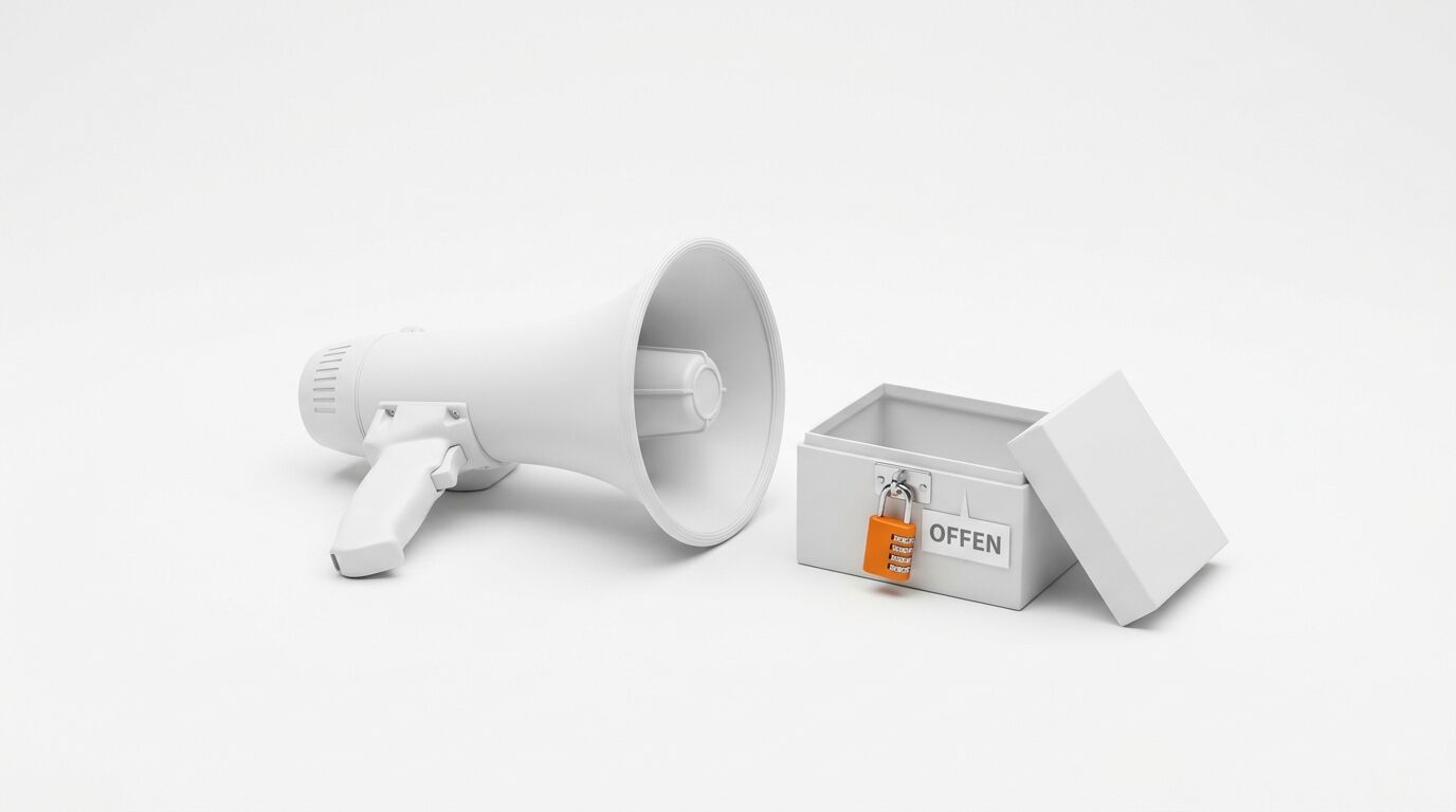 Ein Megafon und eine offene Box mit Vorhängeschloss und der Aufschrift „OFFEN“ auf Weiß