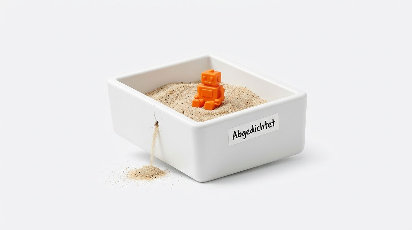 Ein oranger Spielzeugroboter sitzt im Sand einer undichten weißen Wanne mit dem Wort „Abgedichtet“