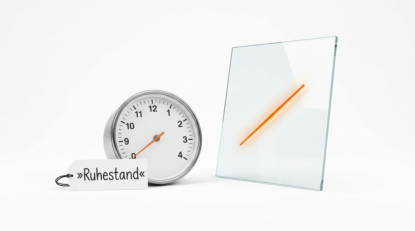 Eine runde Uhr neben einer Glasscheibe mit einer Diagonale und einem Schild „Ruhestand“