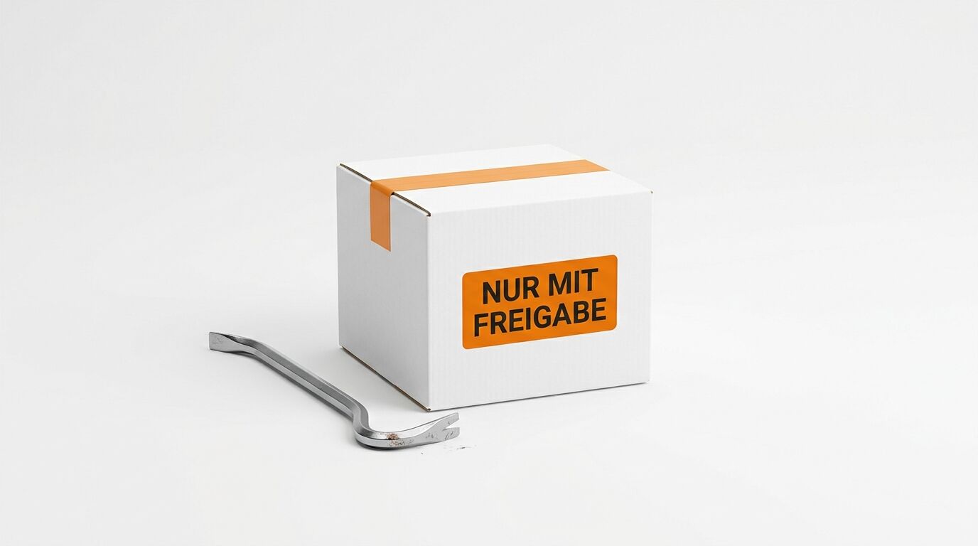 Ein weißer Karton mit Aufschrift „NUR MIT FREIGABE“ und Brecheisen auf weißem Grund