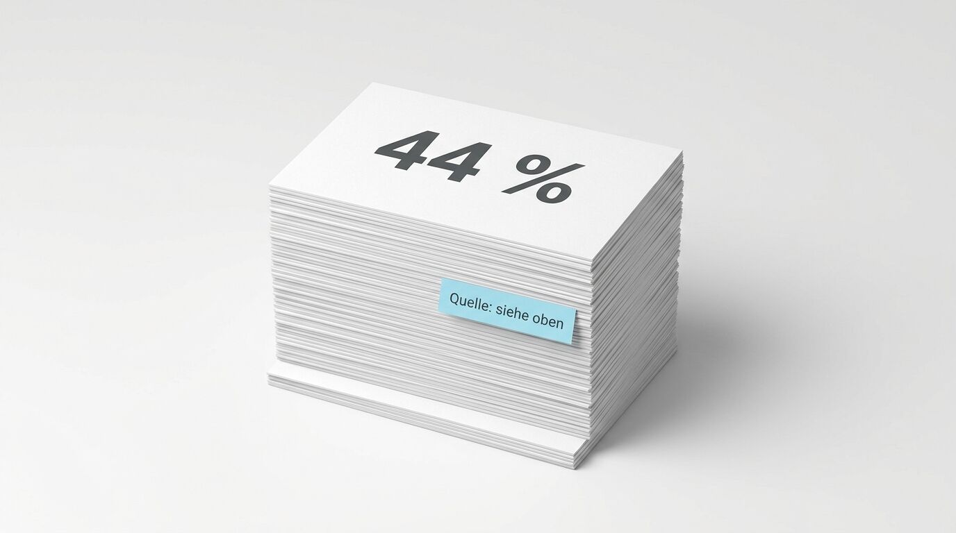 Papierstapel mit „44%“ oben und blauem Sticker „Quelle: siehe oben“ an der Seite
