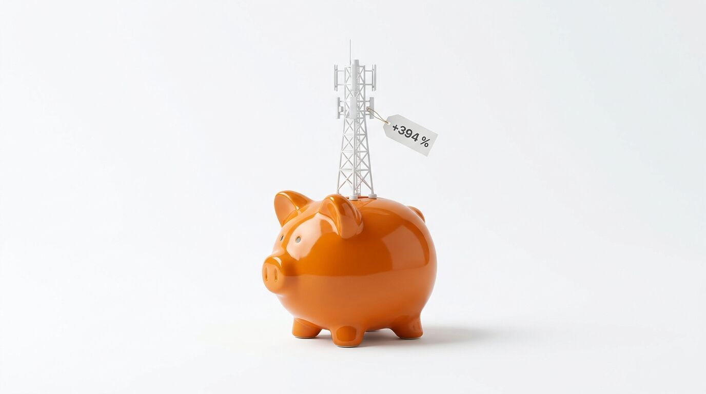 Oranges Sparschwein mit einem Funkmast auf dem Rücken und einem +394%-Schild, weißer Hintergrund