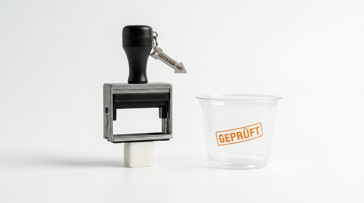 Stempel stempelt Zuckerwürfel neben Plastikbecher mit „GEPRÜFT“ und „SÜSSKRAM-AMT“ Anhänger
