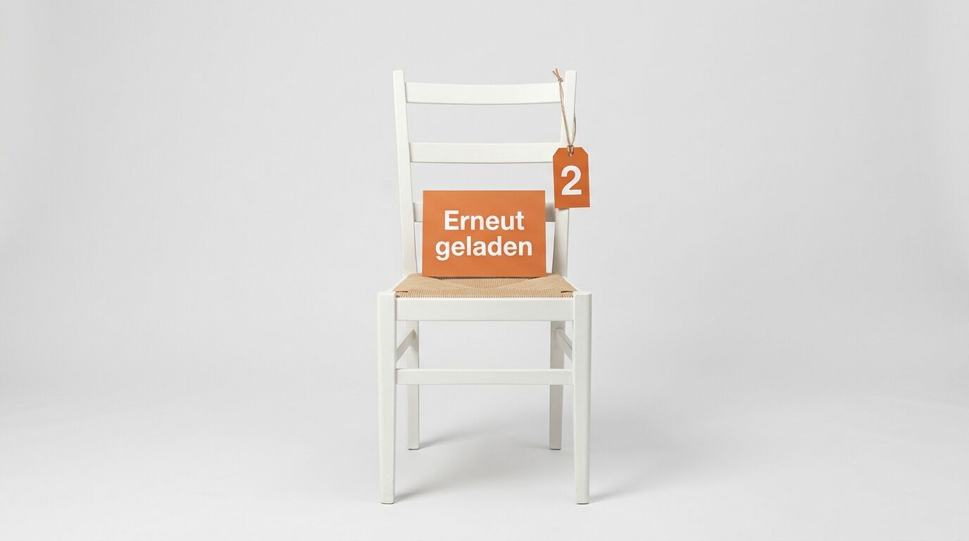 Weißer Stuhl mit Geflechtsitz, ein orangenes Schild