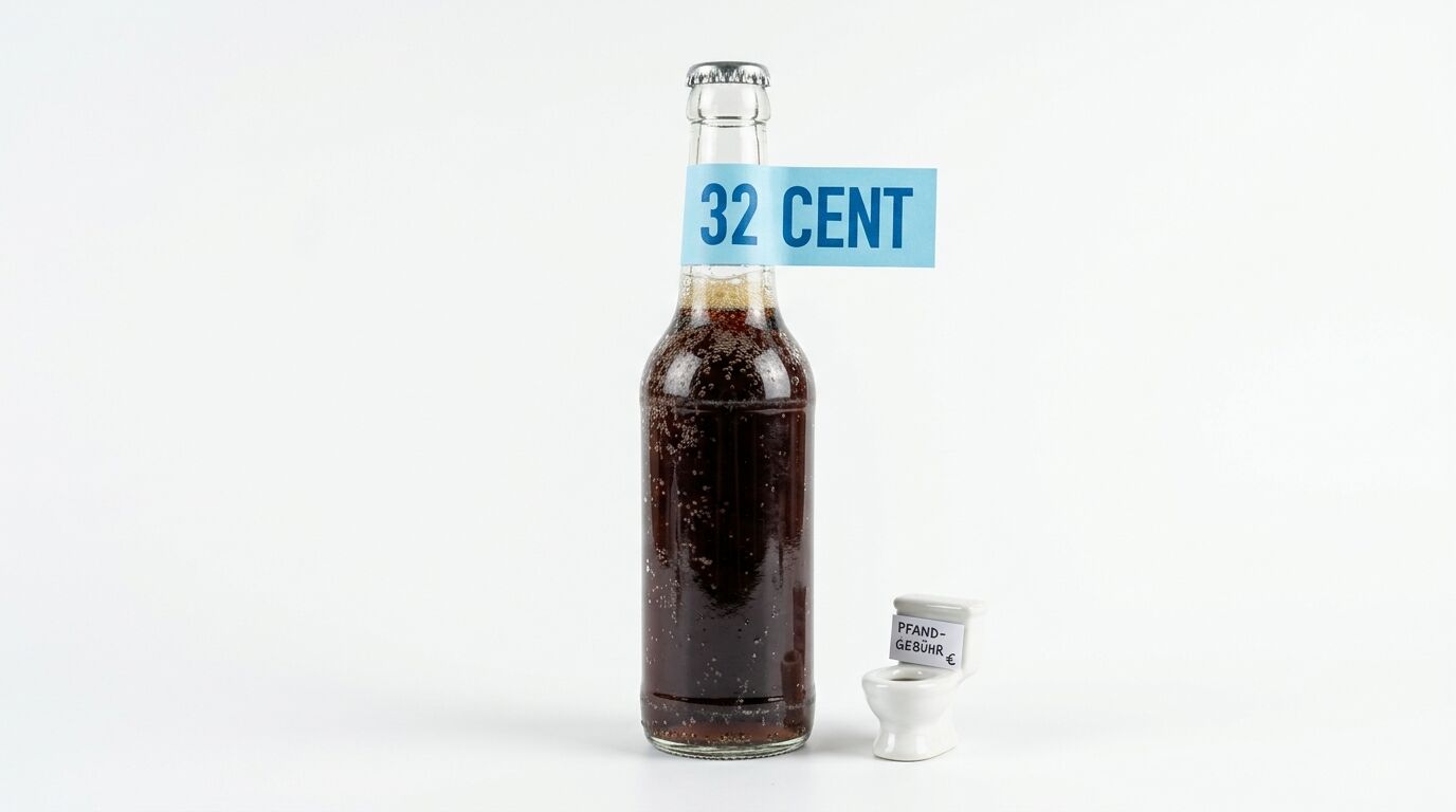 Flasche mit Preis und Mini-Klo mit Aufschrift vor weißem Hintergrund